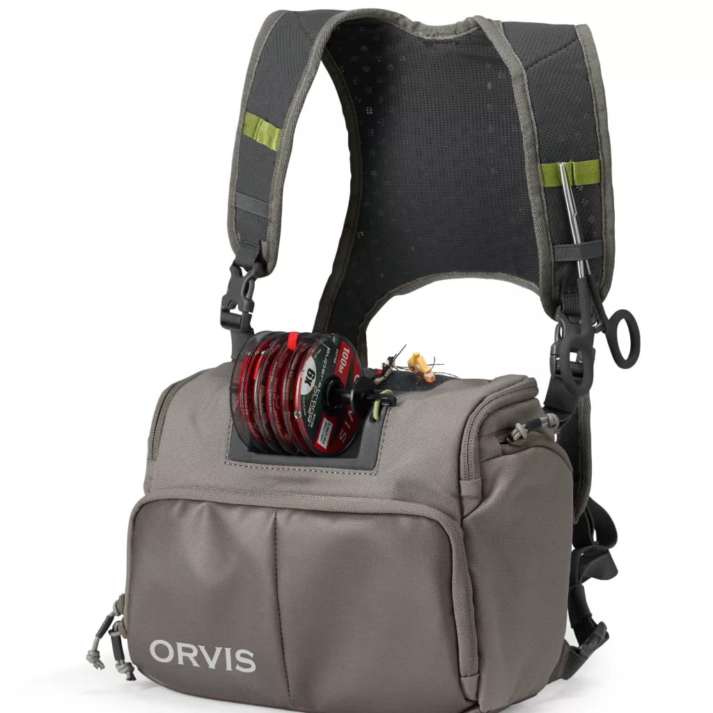 This photo shows best lightweight chest pack i.e Orvis Men's Chest Pack
